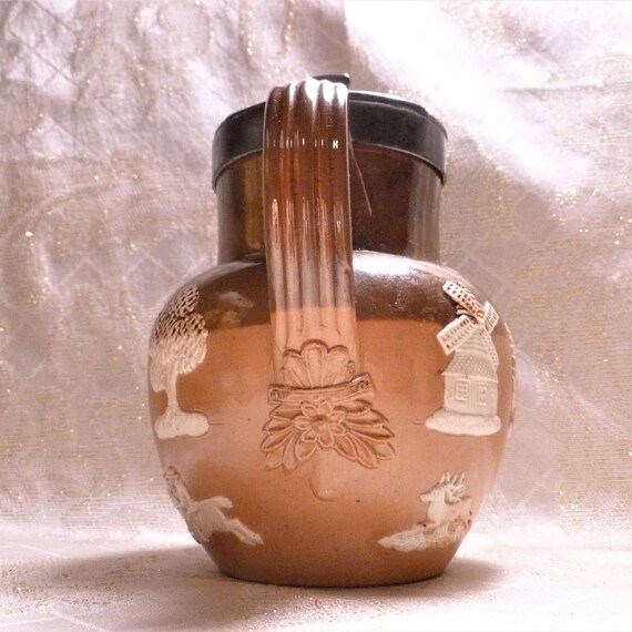 Antique Royal Doulton Pitcher Shades Of Brown Lambeth Two Toned With White Relief Excellent Pewter Lid Always FREE Domestic SHIPPING