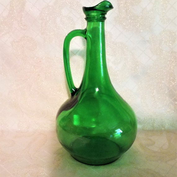 Green Glass Large Bottle  Pour Spout With Handle Excellent Display Perfect Bottle For Olive Oil Or Dressings Always FREE Domestic SHIPPING