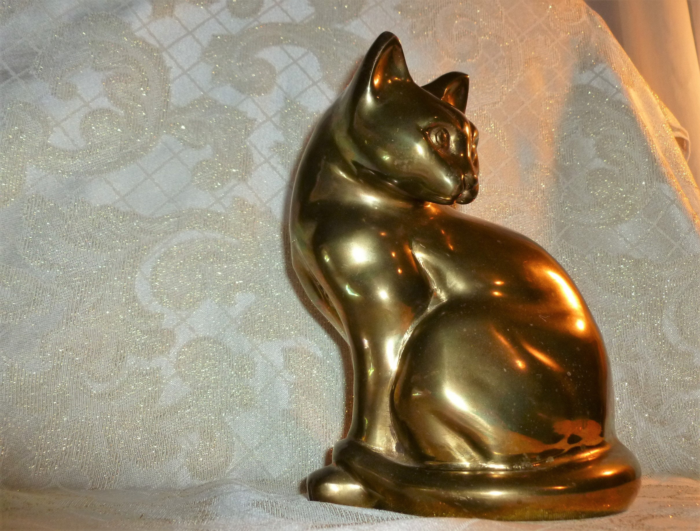Vintage Large Brass Cat With Excellent Detail Classic Cat Expression