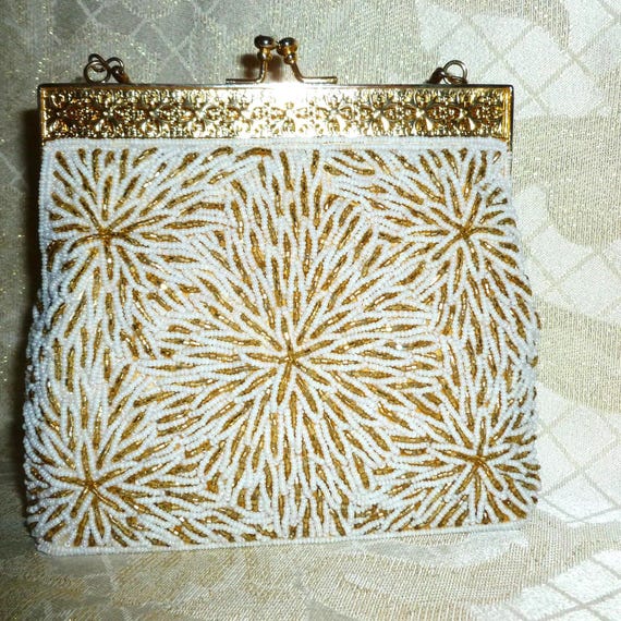 Handbeaded Wedding Handbag, Elegant White & Gold Seed Beads, Filigree Closure