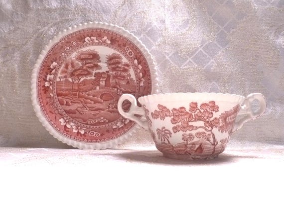 Spode's Tower Copeland 1920s Red And White Fine China Cream Soup Cup Double Handles And Matching Saucer Always FREE Domestic SHIPPING