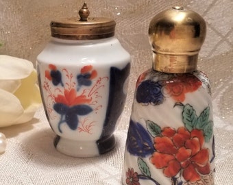 Vintage Gaudy Welsh Porcelain Pottery Pepper Bottle And Scent Bottle With Brass Lids Beautiful Floral Patterns Always FREE Domestic SHIPPING