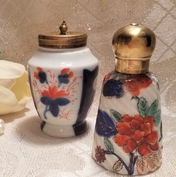 Vintage Gaudy Welsh Porcelain Pottery Pepper Bottle And Scent Bottle With Brass Lids Beautiful Floral Patterns Always FREE Domestic SHIPPING