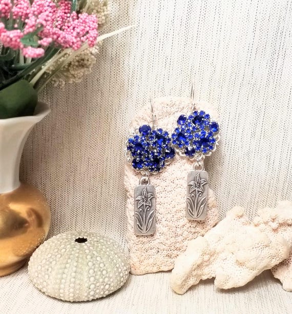 Handcrafted Royal Blue Rhinestone Earrings Silver Plated Floral Ideal Accessory Perfect Gift Jewelry Always FREE Domestic SHIPPING