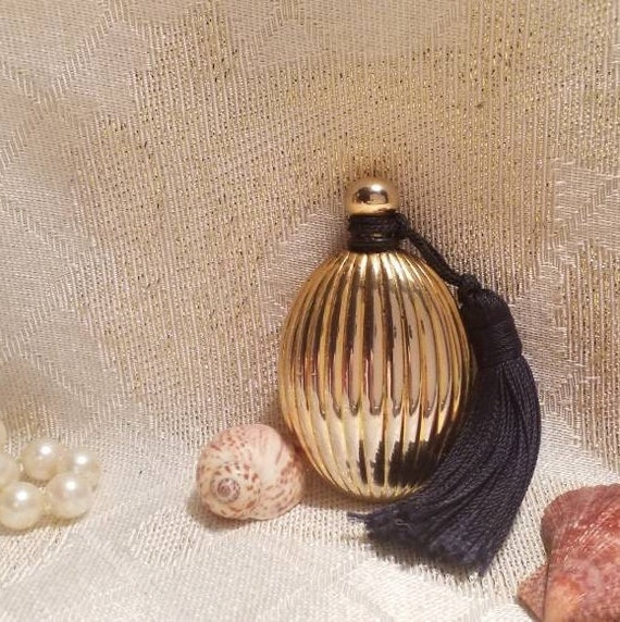 Vintage Small Perfume Oil Bottle 22K Gold Plate With Metal Dauber Attached Black Tassel For Added Elegance Always FREE Domestic SHIPPING