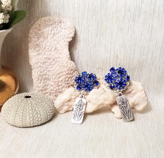 Earrings Handcrafted Exceptional Design By Carmelcollectibles.com Lovely Royal Blue Rhinestones With Floral Detail Always FREE SHIPPING