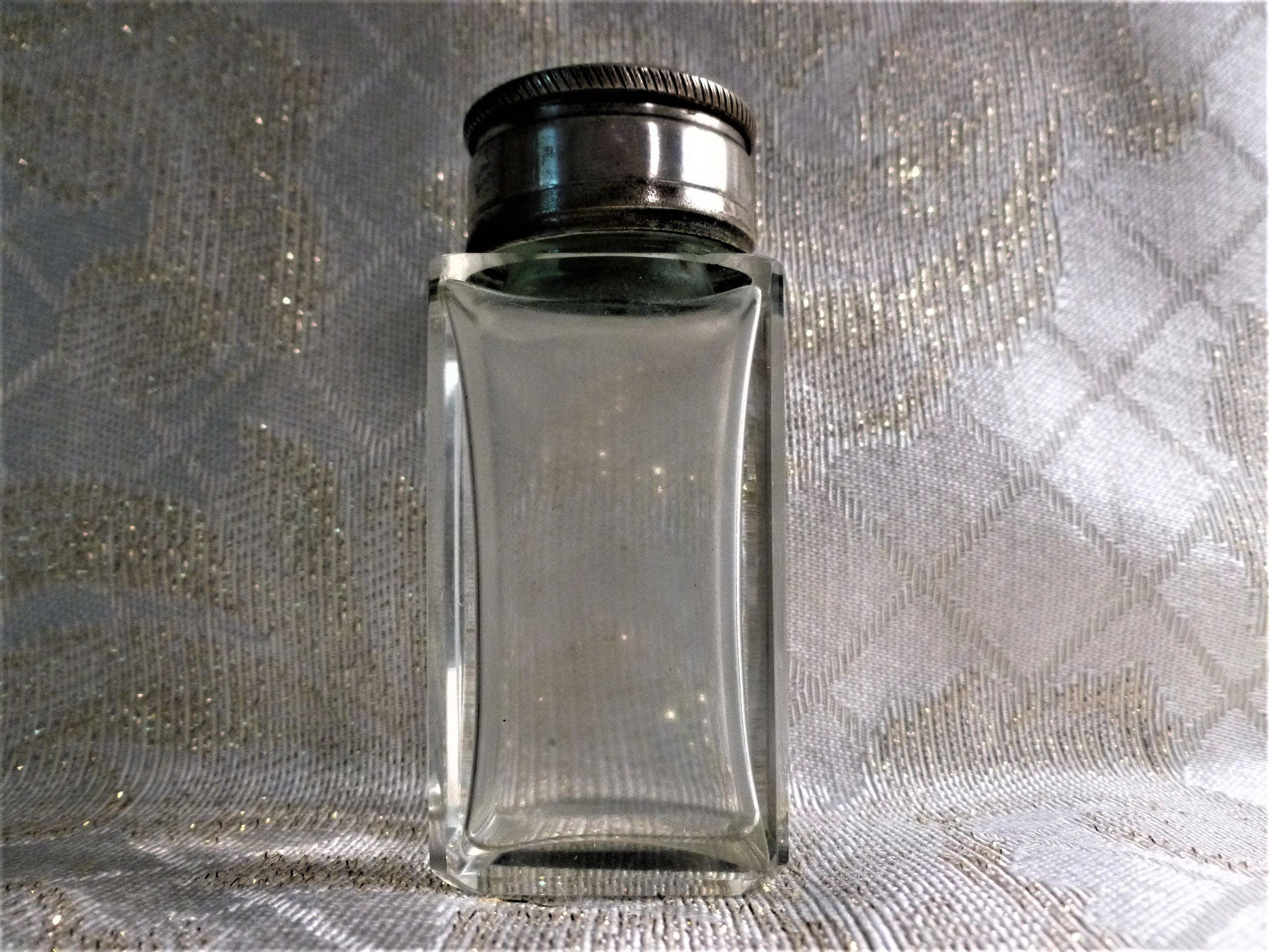 Powder Jar Antique Vanity Display Beveled Glass Silver Plated Lid