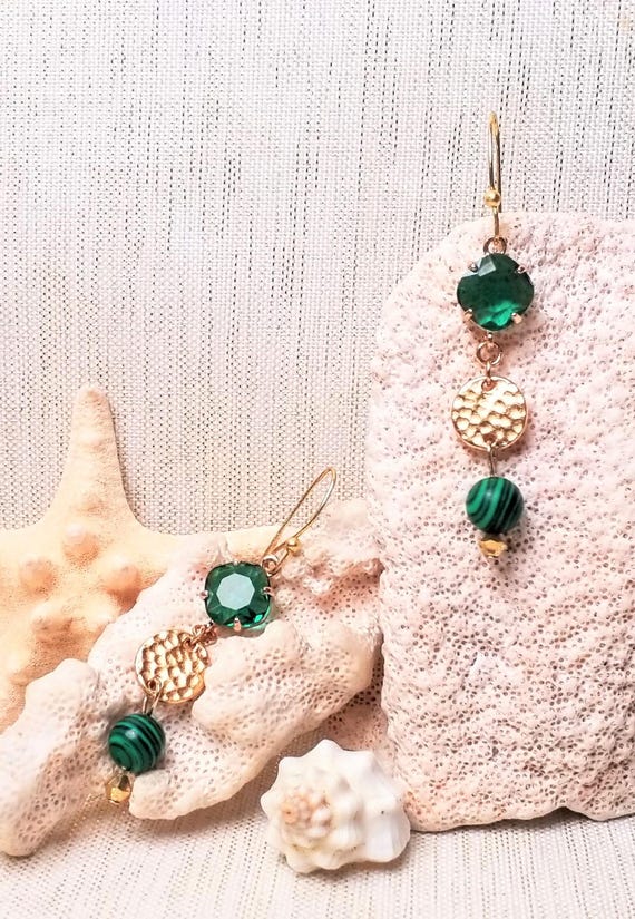 Emerald Green Crystal Dangle Earrings Malachite Beads Gold Plated Always FREE Domestic SHIPPING