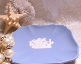 Wedgwood Blue Jasperware Square Trinket Dish England Hallmarked Bottom Neoclassical Raised Relief Always FREE Domestic SHIPPING