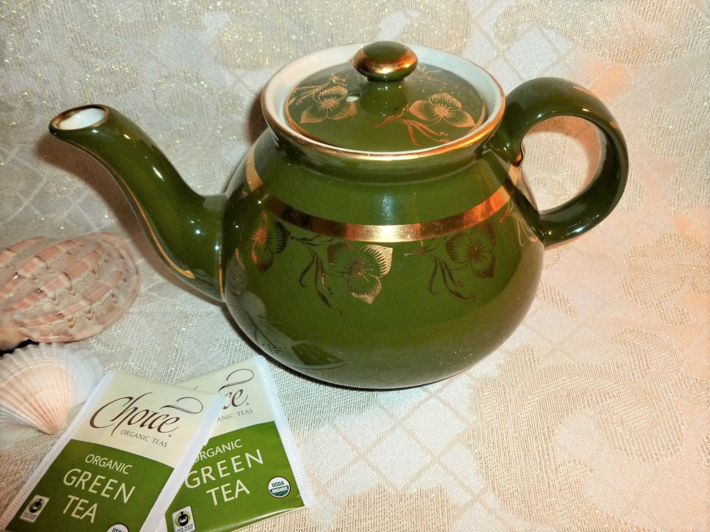 Carmel Collectibles Offers A Hall Teapot With Lid Lovely Green With Gold Dogwood Floral White