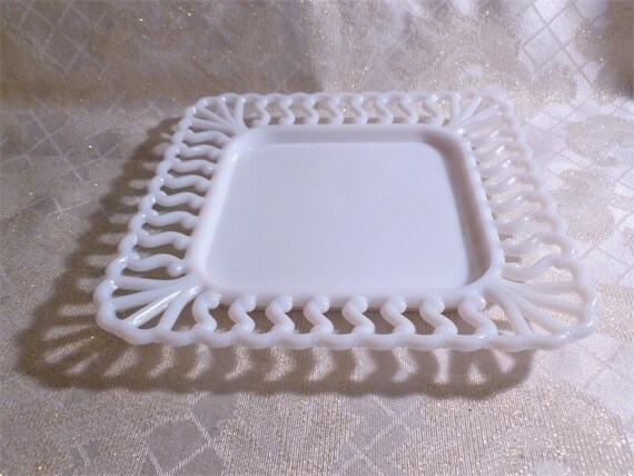 Vintage Westmoreland Glass Dish Opalescent White Hallmarked Pretty Lattice Pattern Collectible Westmoreland Always FREE Domestic SHIPPING