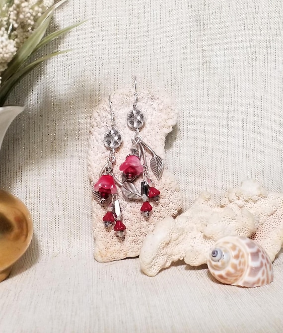 Earrings Handcrafted With Beautiful Artisan Red Czech Flower Beads Silverplated French Earwires Always FREE Domestic SHIPPING