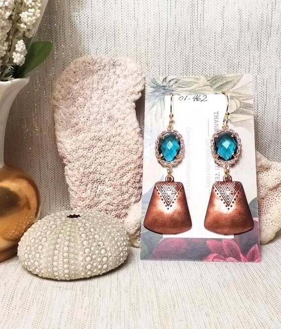 Earrings Handcrafted Beautiful Design By Carmelcollectibles.com Elegant Copper Details With Teal Crystal Always FREE Domestic SHIPPING