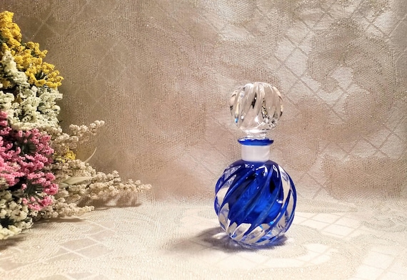 Perfume Oil Or Cologne Bottle With Stopper Beautiful Twist Style Clear And Cobalt Glass Excellent Display Always FREE Domestic SHIPPING