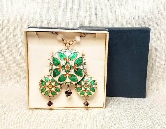 Vintage Cloisonne Pendant With Matching Earrings Beautiful Set In Original Box Gorgeous Vintage Jewelry Set Always FREE Domestic SHIPPING