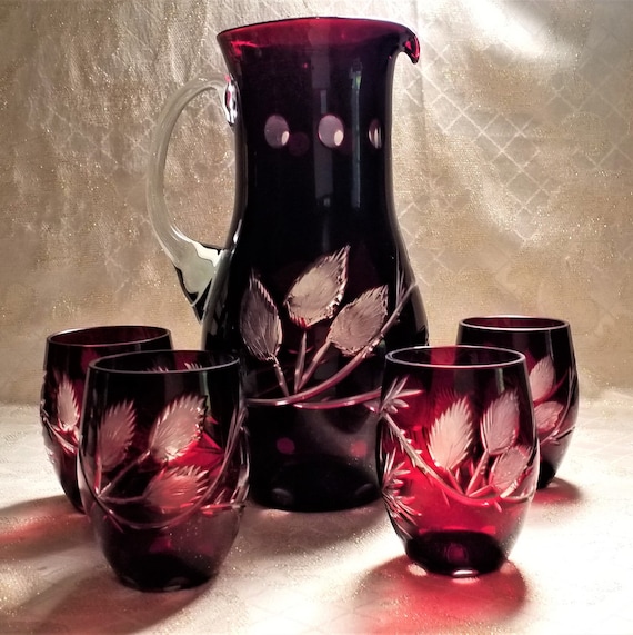 Bohemian Ruby Red Crystal Glass Cut To Clear Crystal Pitcher With Four Glasses Early 1900s Victorian Glassware Always FREE Domestic SHIPPING
