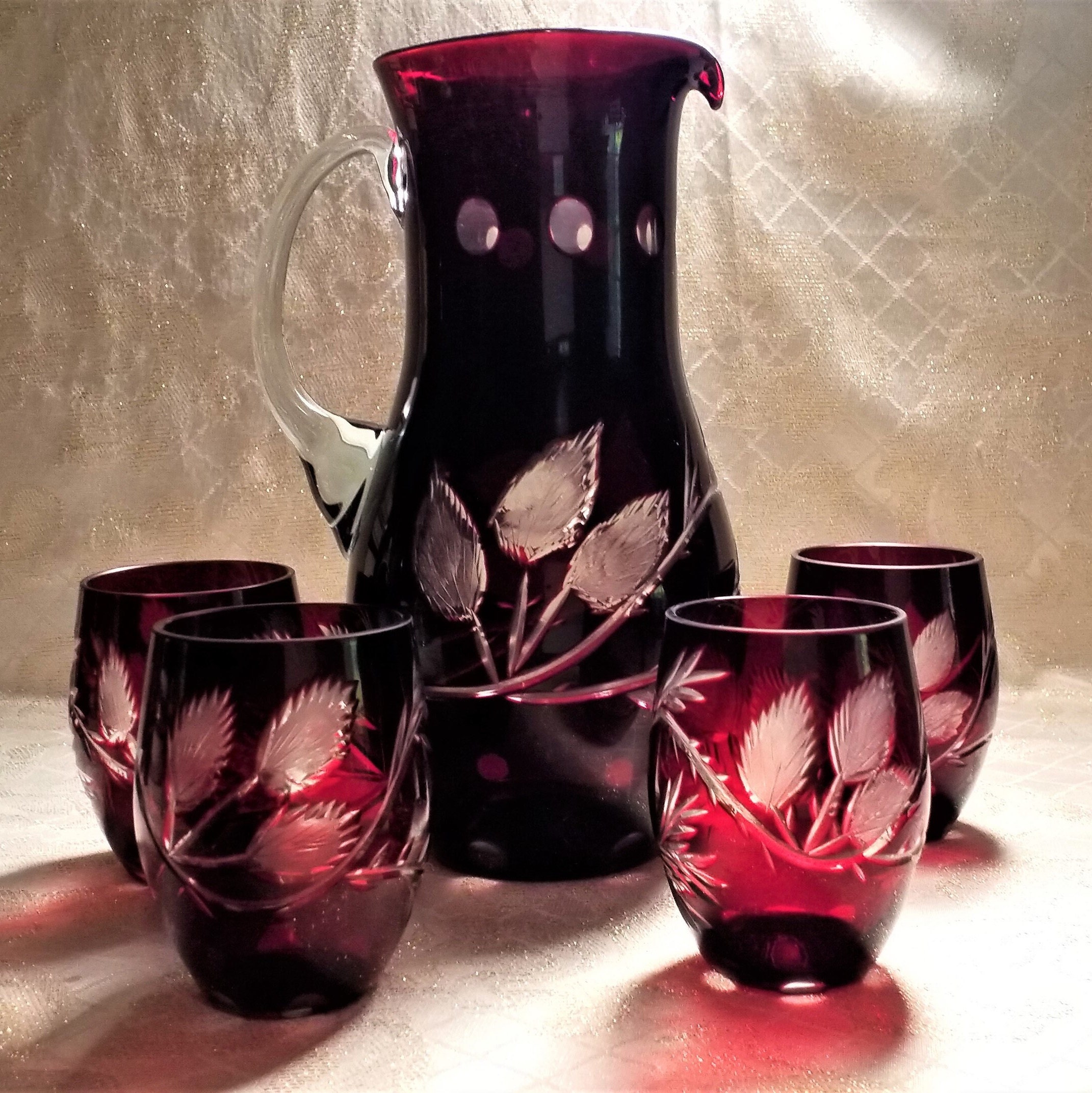 Bohemian Ruby Red Crystal Glass Cut To Clear Crystal Pitcher With Four  Glasses Early 1900s Victorian Glassware Always FREE Domestic SHIPPING