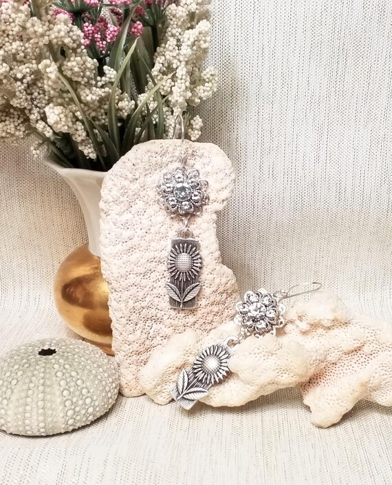 Handcrafted Earrings Rhinestones And  Floral Lovely Sunflower Style Elegant Wedding Jewelry Always FREE Domestic SHIPPING