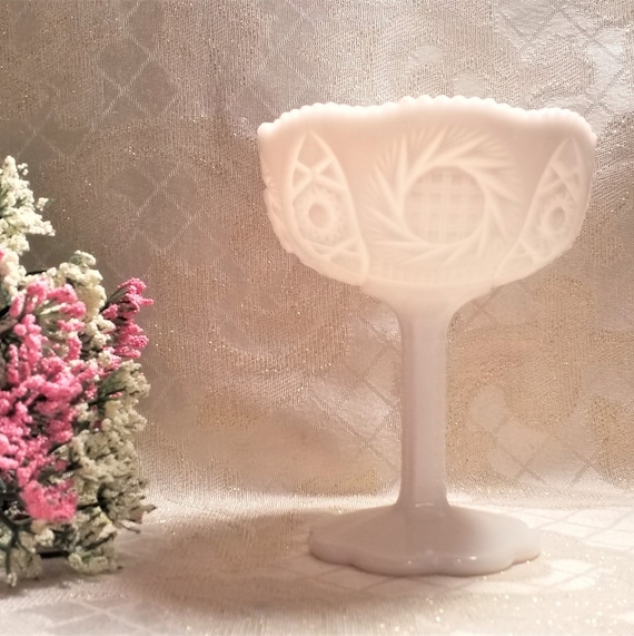 Vintage Milk Glass Compote With An Exceptional Detail Of Cut Designs Sawtooth Edge Ideal Elegant Wedding Gift Always FREE Domestic SHIPPING