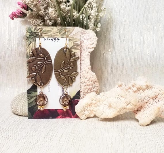 Earrings Handcrafted By Carmelcollectibles.com Elegant Bronze Floral Ovals Delicate Czech Table Cut Flowers Always FREE Domestic SHIPPING