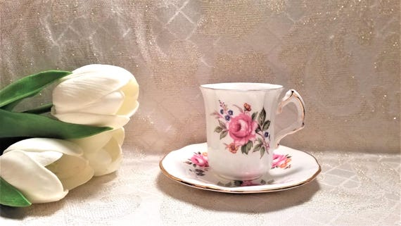 Demitasse Hammersley  Cup And Saucer Vintage Fine Bone China Made In England Beautiful Pink Rose Floral Always FREE Domestic SHIPPING