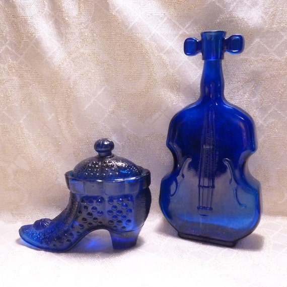 Vintage Cobalt Violin Bottle And Adorable Vintage Cobalt Boot Trinket Dish With Lid Perfect Centerpiece Display FREE Domestic SHIPPING