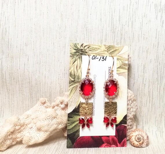 Earrings By Carmel Collectibles Handcrafted Beautiful Elegant Style Red Crystal Bows With Golden Accents FREE Domestic SHIPPING