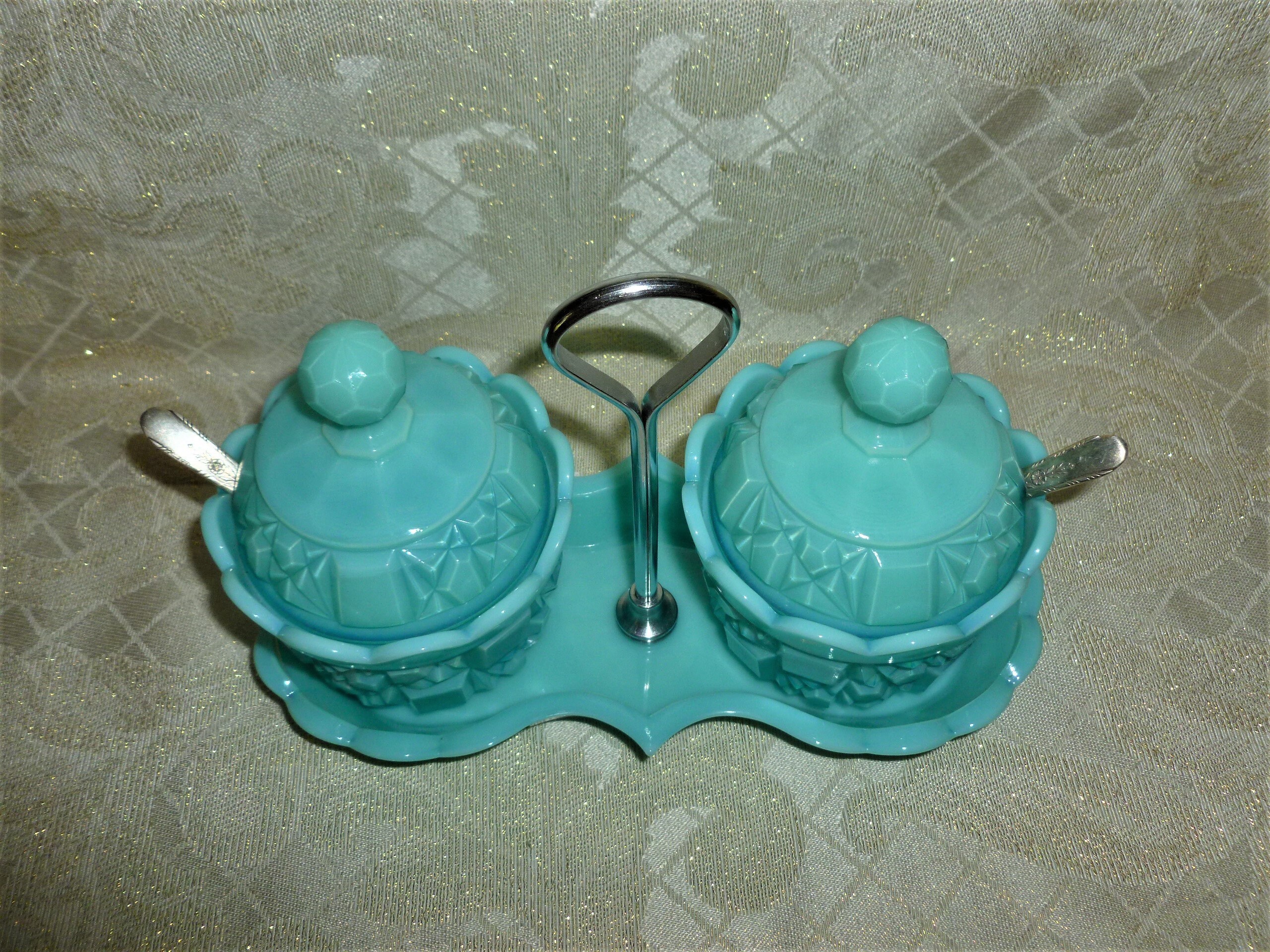 Westmoreland Teal Milk Glass Relish Or Condiment Set Caddy Tray With