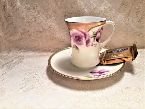 PT Bavaria Tirschenreuth Factory Bone China Demittase Cup And Saucer 1927 Handpainted by LaRoche So Pretty Always FREE Domestic SHIPPING