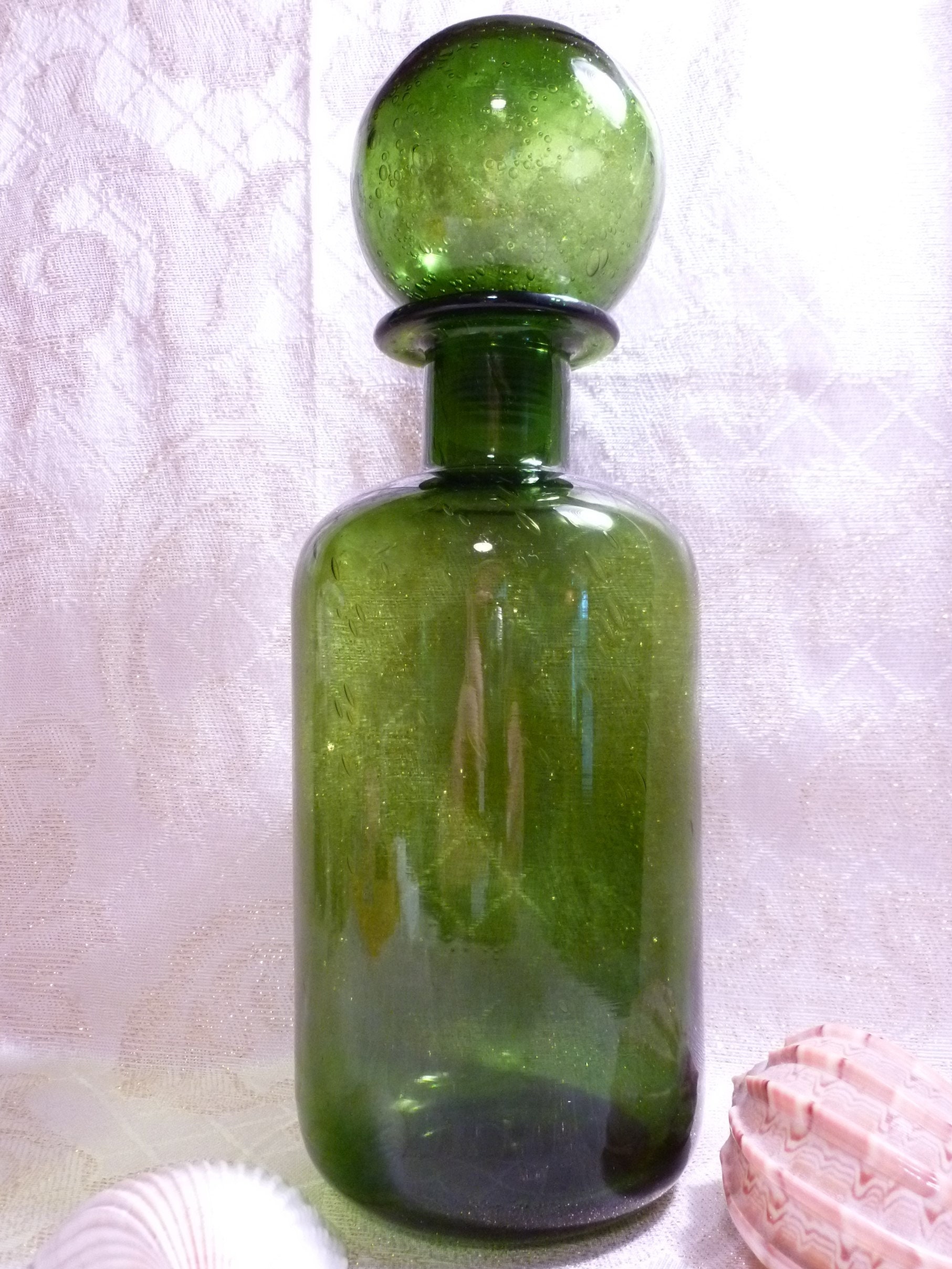 Vintage Green Glass Bottle With Stopper Top Exceptional Display Ideal