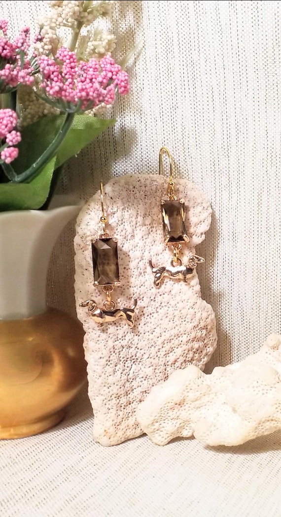 Dachshund Charm Earrings: Handcrafted Crystal & Gold-Plated Dangle Earrings