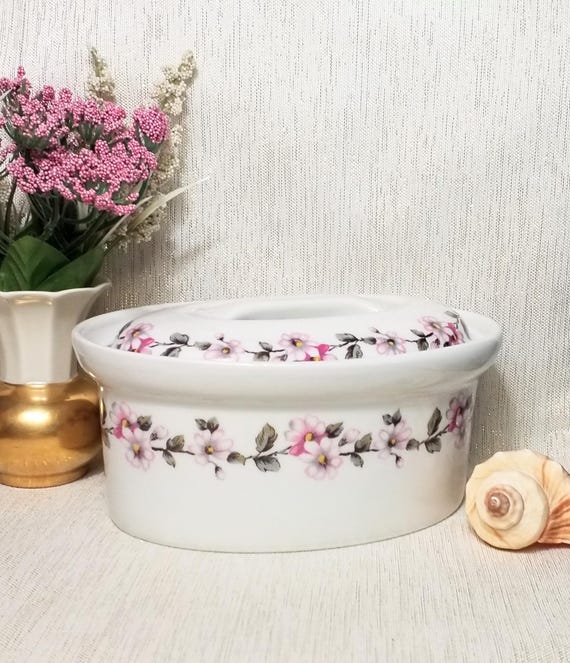 Apilco French Porcelain Vintage Small Serving Casserole Dish With Lid Beautiful Pink Floral Vine Always FREE Domestic SHIPPING