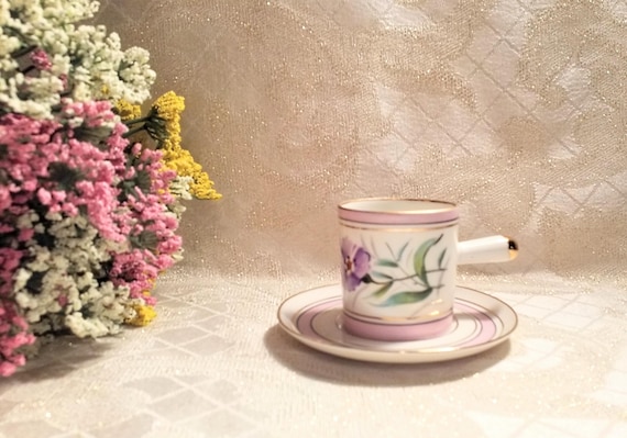 Demitasse Cup And Saucer Of A Very Unique Design Exceptional For Espresso Pretty Floral Gold Trim Always FREE Domestic SHIPPING