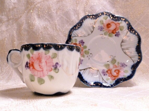 Porcelain Bone China Demi Size Cup And Saucer Beautiful Floral Pattern Gold And Cobalt Blue Trim Perfect Gift Always FREE Domestic SHIPPING