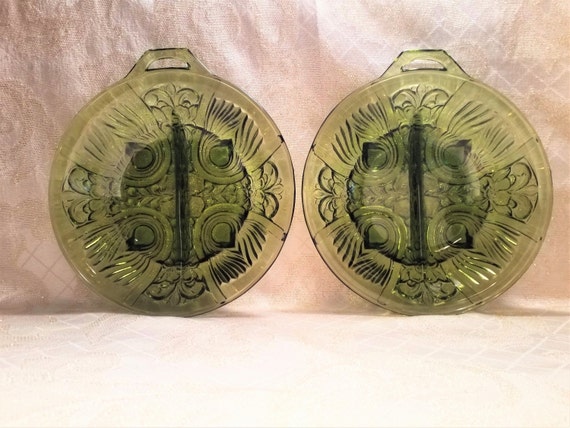 Avocado Green Glass Relish Dishes Set Of Two Beautiful Design Exceptional Display Set Of Two Matching Dishes FREE Domestic SHIPPING