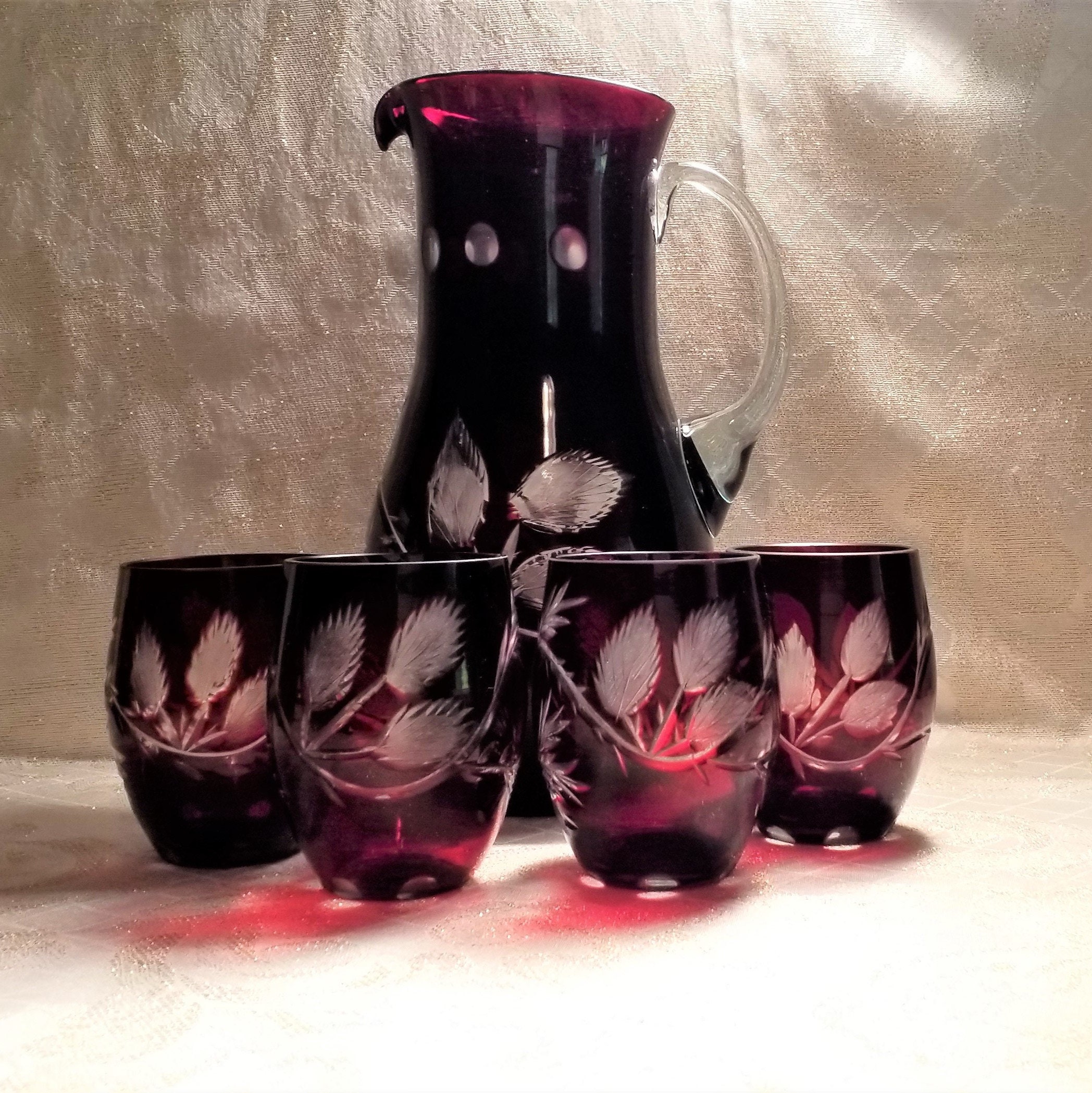 Dark Ruby red cut to clear lead crystal brandy glasses set of 4