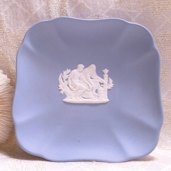 Wedgwood Blue Jasperware Square Trinket Dish England Hallmarked Bottom Neoclassical Raised Relief Always FREE Domestic SHIPPING