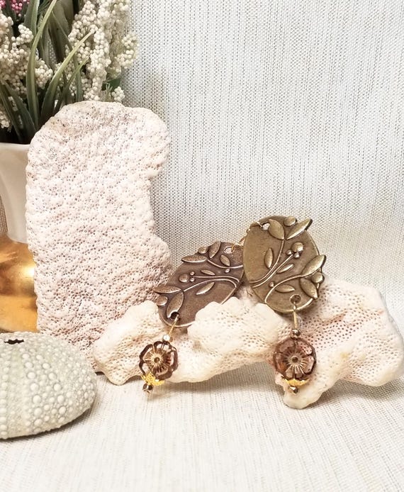 Earrings Handcrafted By Carmelcollectibles.com Elegant Bronze Floral Ovals Delicate Czech Table Cut Flowers Always FREE Domestic SHIPPING