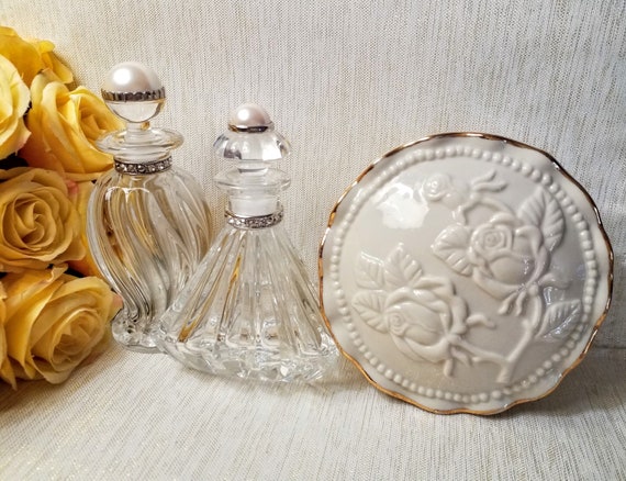 Lenox Czechoslovakian Crystal Perfume Bottles Diamonds And Pearls Series Beautiful Unmarked Trinket Dish With Lid FREE Domestic SHIPPING