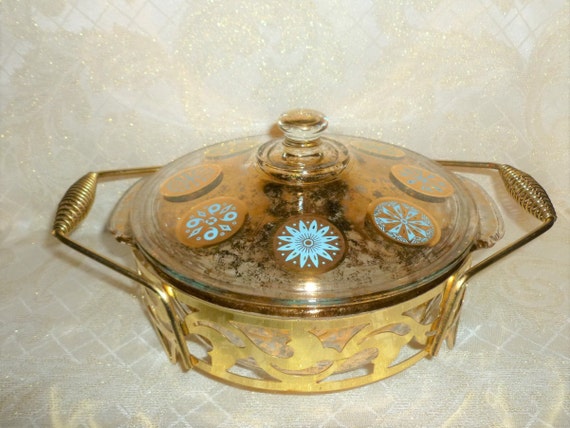 George Briard 2 Quart Casserole With Goldtone Metal Serving Frame And 22K Gold Art Detail Award Winning Designer FREE Domestic SHIPPING