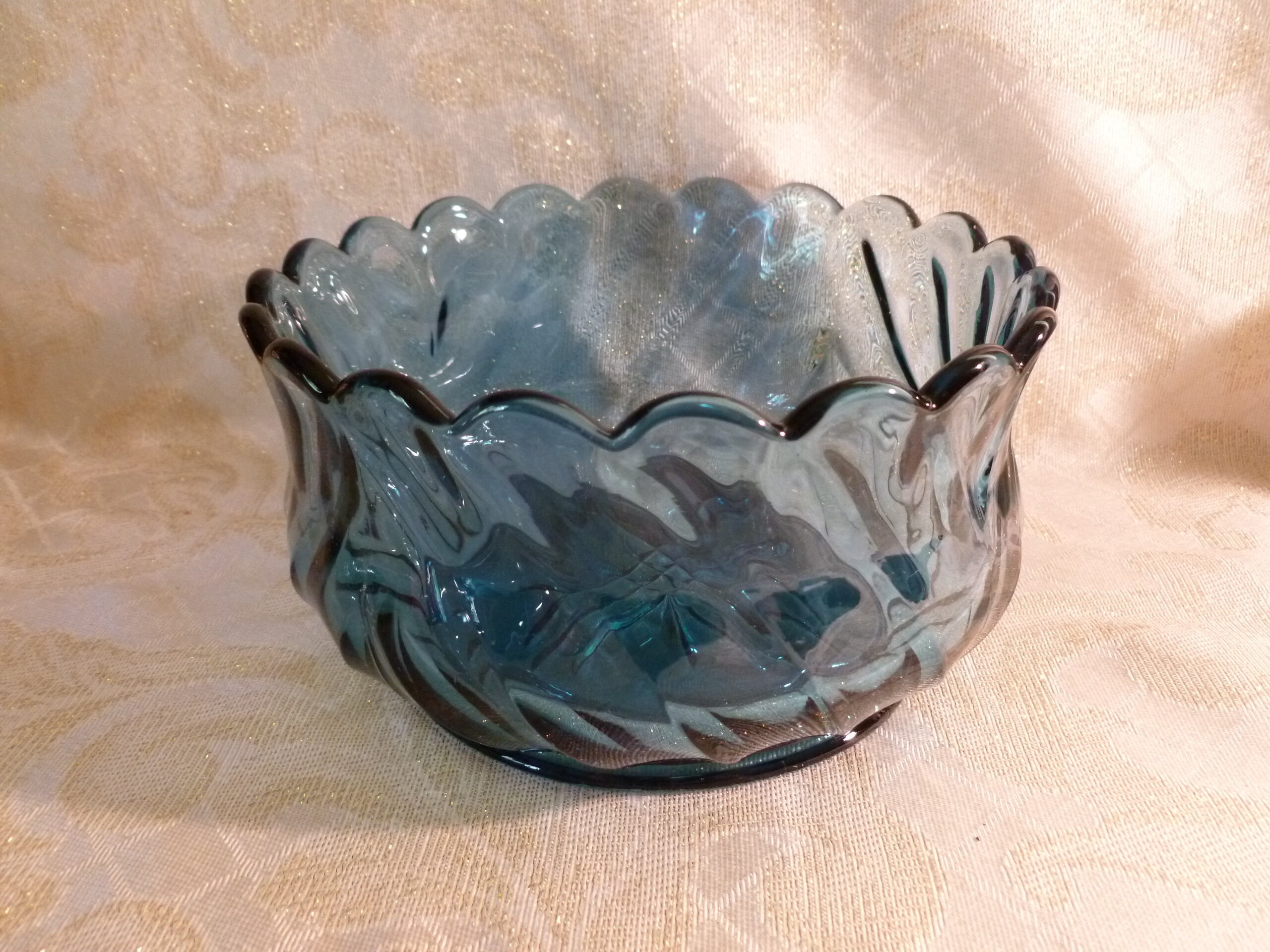 Blue Glass Serving Bowl With Scalloped Edge Intricate Design On Bottom