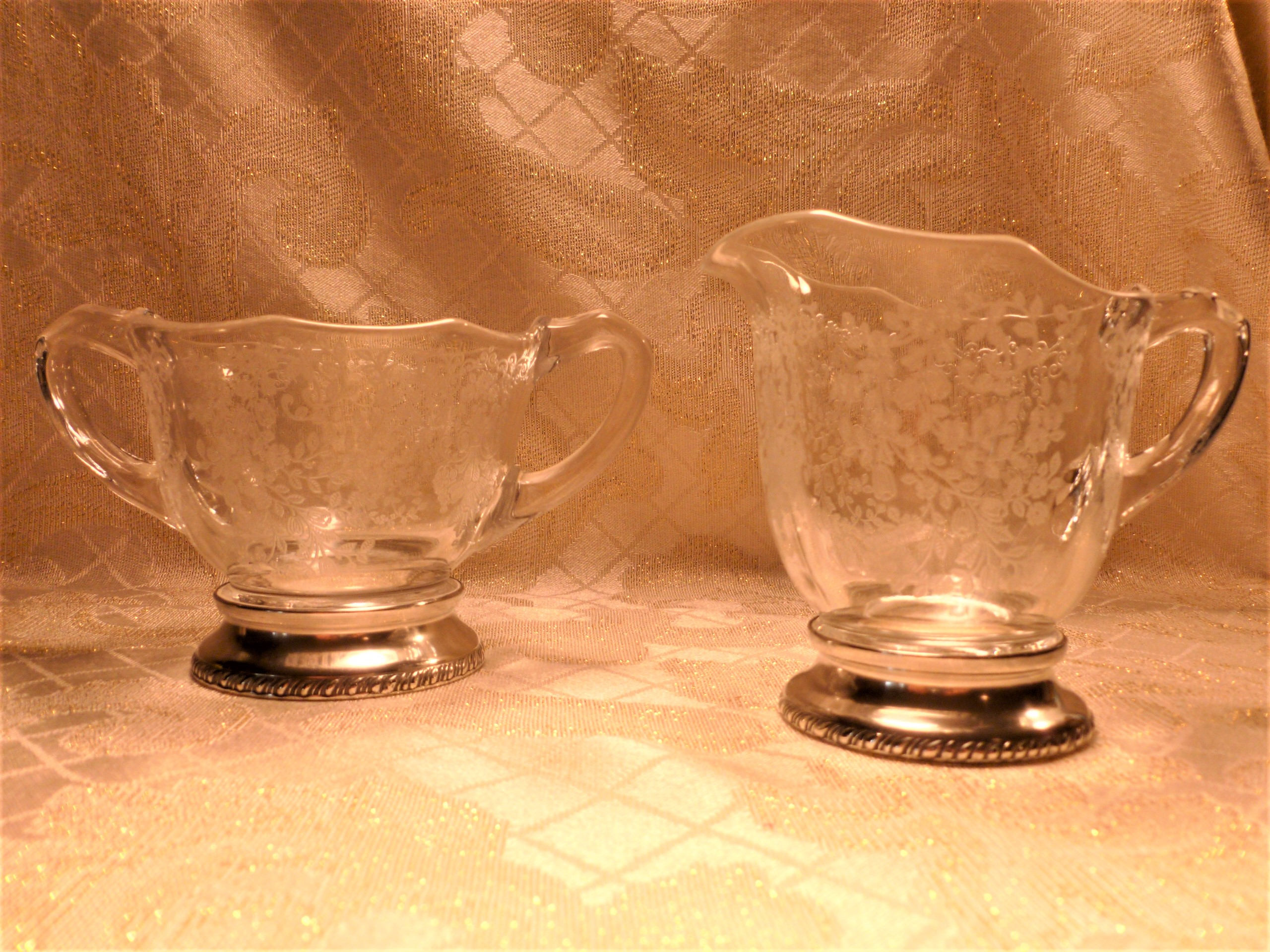 Vintage Etched Floral Creamer And Matching Sugar Bowl With Sterling