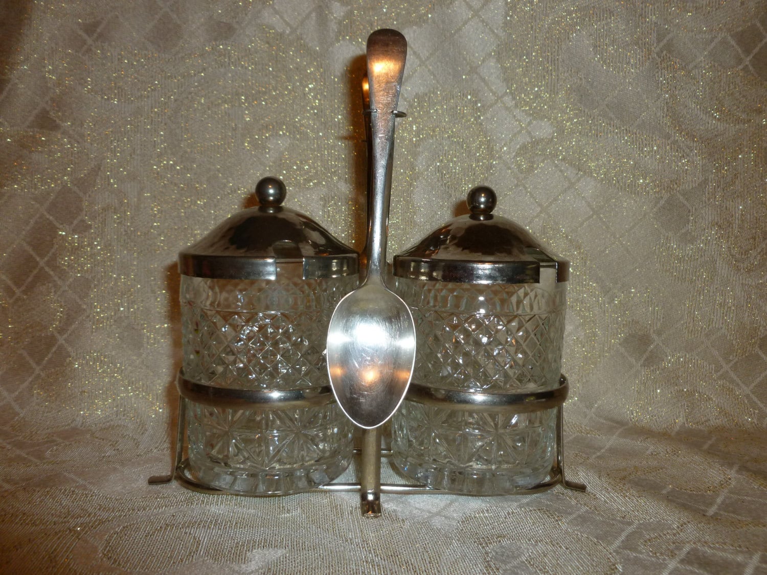 Condiment Jars With Silver Plate Lids Spoons And Caddy