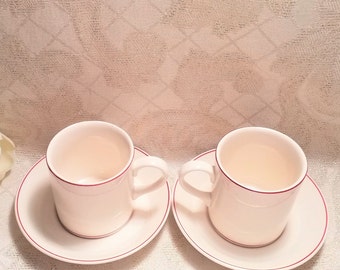 Wedgwood Of Etruria & Barlaston England Espresso Cups And Saucers Set For Two Cream With Red Borders Always FREE Domestic SHIPPING