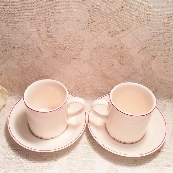 Wedgwood Of Etruria & Barlaston England Espresso Cups And Saucers Set For Two Cream With Red Borders Always FREE Domestic SHIPPING