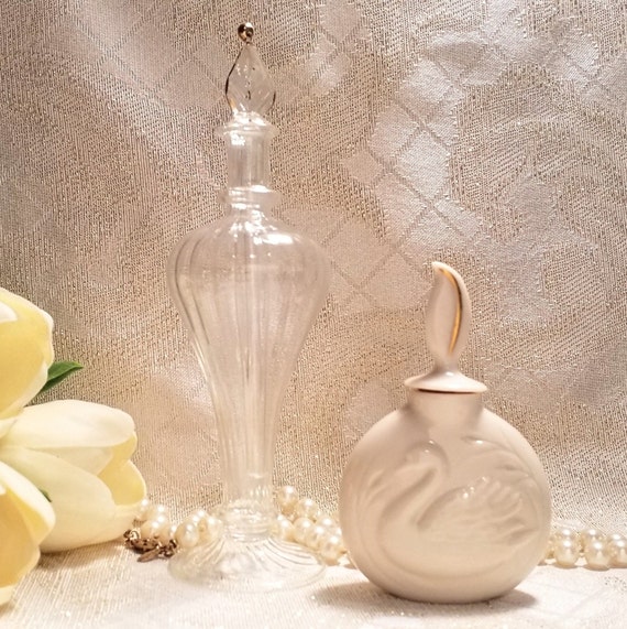 Two Beautiful Vintage Perfume Bottles Lenox Swan Bottle And A Tall Egyptian Handcrafted Bottle With Dauber Always FREE Domestic SHIPPING