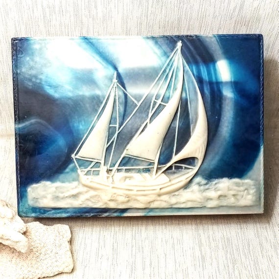 Jewelry Box Medium Size Dante U.S.A. American Walnut Moulded Resin Top Exquisite Detailed Sailing Ship Scene Always Free Domestic Shipping