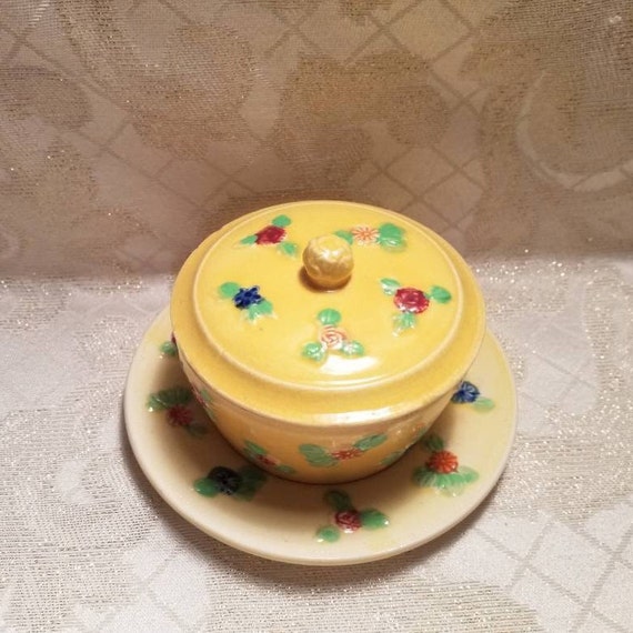 Vintage Trinket Dish With Lid And Saucer Hand Pai… - image 2
