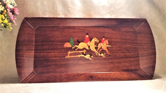 Hasko Wooden Trays Made In Chicago Illinois Set Four English Hunting Scene Exceptional Bridge Or Bunko Trays Always FREE Domestic SHIPPING