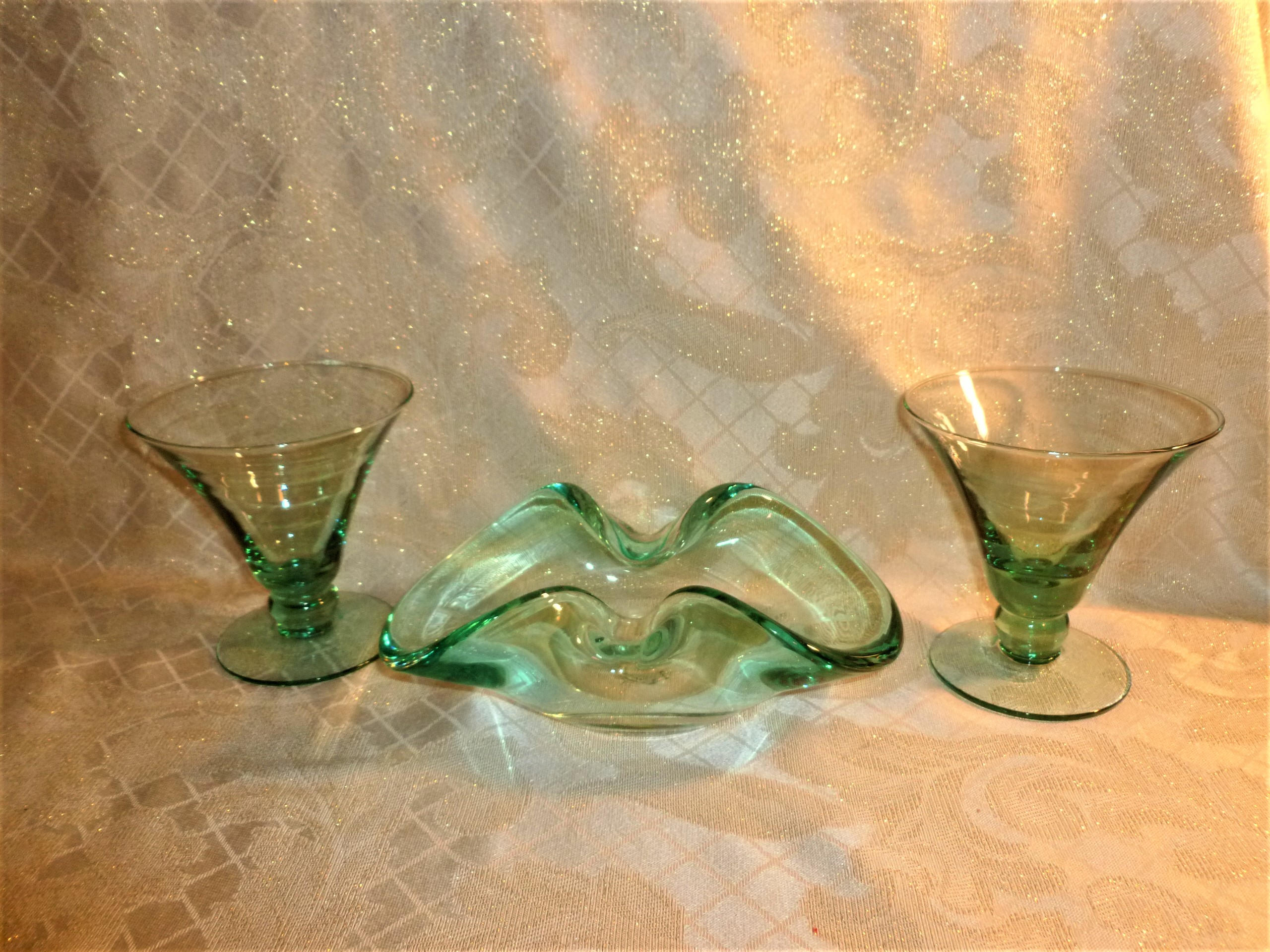 Vintage Hand Made Light Green Glass Martini Glasses With Matching Ash